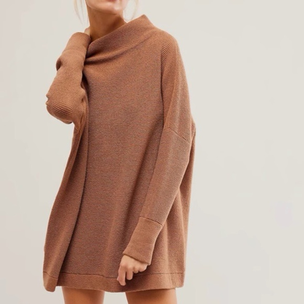 Free People Brown Nutmeg Ottoman Slouchy Long-sleeve Tunic Sweater, Size XL